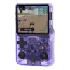 Transparent Purple R36S Console: The R36S handheld console in a vibrant translucent orange casing, showing a racing game on its screen with detailed graphics of remote-controlled cars on a track. The buttons are clearly visible on the front of the console.