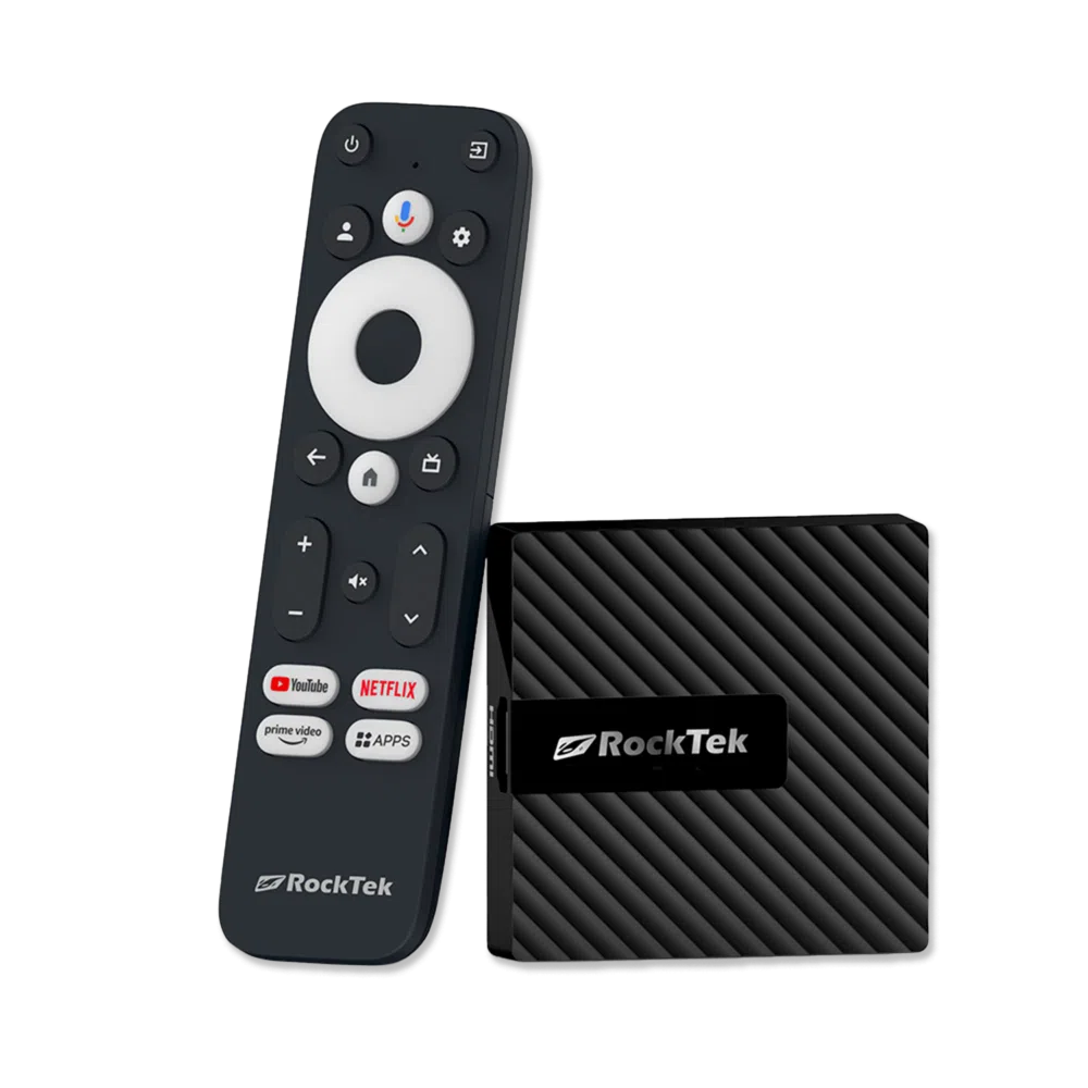 RockTek GB1 Android TV box koos spetsiaalse puldiga. Kompaktne seade on elegantse, tekstuurse disainiga. Puldil on ringikujuline navigatsiooniplaat, hääljuhtimise nupp ja spetsiaalsed nupud populaarsetele voogedastusteenustele, nagu YouTube, Netflix ja Prime Video, ning nupp "Apps", mis võimaldab kiire juurdepääsu installeeritud rakendustele.