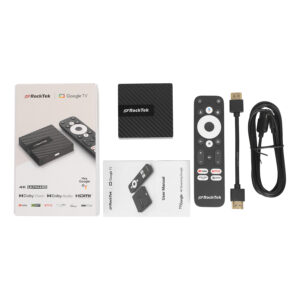 RockTek GB1 Android -televisiolaatikkopaketin täydellinen purku. Sisältää RockTek GB1 -suoratoistolaitteen, kaukosäätimen, jossa on omat sovelluspainikkeet, HDMI-kaapelin ja käyttöohjeet. Pakkauksessa korostetaan keskeisiä ominaisuuksia, kuten 4K Ultra HD, Dolby Vision, Dolby Audio ja yhteensopivuus Google TV:n ja Hey Google -ääniavustajan kanssa sekä tuetut suoratoistopalvelut, kuten YouTube, Netflix, Prime Video ja HBO Max.