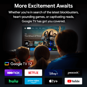 Google TV 12 RockTek GB1 Android TV-boxissa, joka tarjoaa pääsyn suosituille suoratoistoalustoille, kuten HBO Max, Netflix, Disney+, Peacock, Hulu, Prime Video, Apple TV+ ja YouTube. Käyttäjät voivat nauttia erilaisista viihdevaihtoehdoista elokuvista ja TV-ohjelmista peleihin ja muuhun.