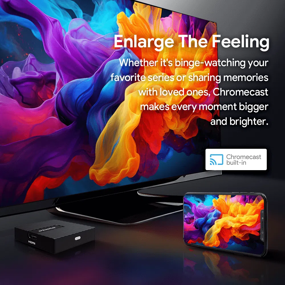 Vestavěná funkce Chromecast v televizoru RockTek GB1 s operačním systémem Android, která uživatelům umožňuje přenášet obsah ze zařízení do televizoru. Živý displej na obrazovce zdůrazňuje lepší zážitky ze sledování při binge-watchingu nebo sdílení vzpomínek s přáteli a rodinou.