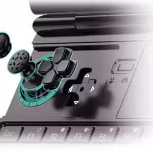 Slika prijenosnog računala za igranje GPD Win Max 2 (2024.), fokusirajući se na njegove Hall senzorske palice. Pogled izbliza prikazuje precizne i izdržljive analogne palice, koje koriste magnetske Hall senzore za poboljšanu točnost i dugovječnost u usporedbi s tradicionalnim štapićima temeljenim na potenciometru. 