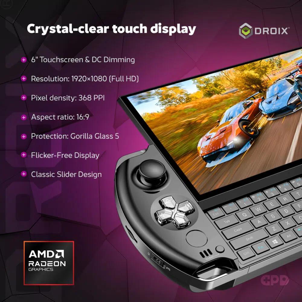 Ecrã tátil cristalino de 6" com uma resolução de 1920×1080, densidade de 368 PPI e proteção Gorilla Glass 5. As caraterísticas adicionais incluem escurecimento DC sem cintilação e um rácio de aspeto 16:9 no seu design deslizante clássico, realçando a durabilidade e a clareza.