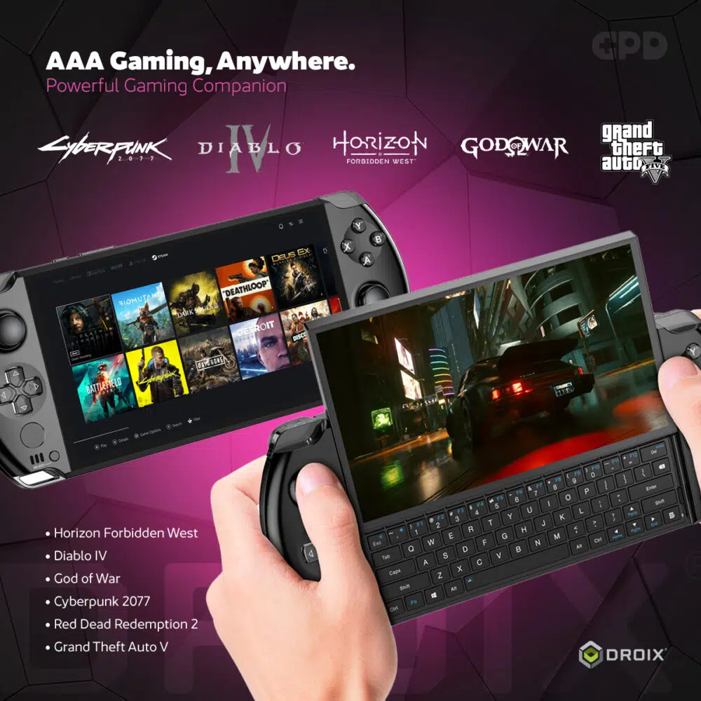 Promovendo os jogos AAA em qualquer lugar, o GPD WIN 4 (2025) é apresentado a executar jogos como Cyberpunk 2077, Diablo IV, God of War e GTA V. Uma imagem apresenta a biblioteca Steam, enquanto outra capta os gráficos do jogo, realçando a sua capacidade como um poderoso companheiro de jogo.
