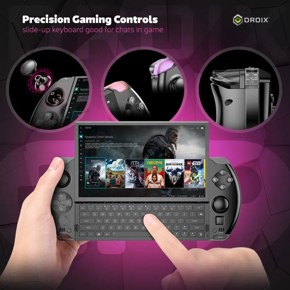 O GPD WIN 4 (2025) apresenta os seus controlos de jogo de precisão, concebidos para uma experiência de jogo envolvente e versátil. Os principais destaques incluem: Joysticks ALPS 3D com suporte L3/R3 para uma jogabilidade precisa e reactiva. Gatilhos L1/R1 com iluminação RGB personalizável para maior estilo e funcionalidade. 2 botões traseiros programáveis com um ângulo ergonómico de 27 graus para um acesso fácil durante sessões de jogo intensas. A imagem também realça o teclado QWERTY deslizante, perfeito para conversação e multitarefas no jogo, juntamente com um ecrã vívido que mostra o Assassin's Creed Valhalla e uma biblioteca de jogos abrangente. O slogan reforça as opções de controlo avançadas, tornando o dispositivo um companheiro de jogo portátil ideal.