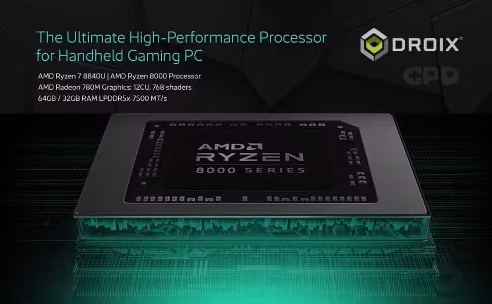 Slika prijenosnog računala za igranje GPD Win Max 2 (2024.), s naglaskom na njegov procesor i GPU visokih performansi. Pogled izbliza prikazuje elegantnu vanjštinu prijenosnog računala, s preklapanjem teksta ili ikonama koje označavaju AMD Ryzen 7 7840U procesor i integrirani Radeon 780M GPU, poznat po pružanju snažnih performansi i glatke grafike za igranje i multitasking. 