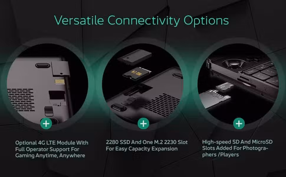 Slika prijenosnog računala za igranje GPD Win Max 2 (2024.), koja prikazuje njegov opcijski 4G LTE modul za mobilno povezivanje. Vidljiva je donja strana prijenosnog računala, što naglašava mogućnosti jednostavnog proširenja s jasno označenim utorima M.2 od 2280 i 2230 za dodatnu pohranu ili nadogradnje 