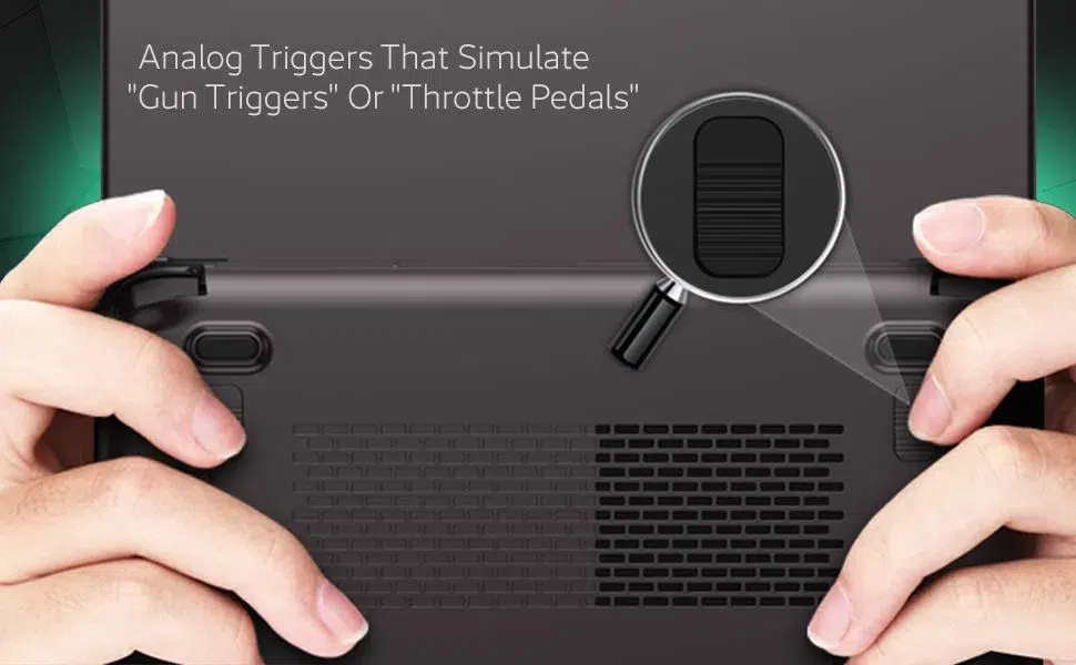 Slika prijenosnog računala za igranje GPD Win Max 2 (2024.), usredotočena na njegove analogne okidače. Krupni plan prikazuje ergonomske okidače na uređaju, dizajnirane da pruže preciznu kontrolu i osjetljivost za igranje, poboljšavajući cjelokupno iskustvo igranja 