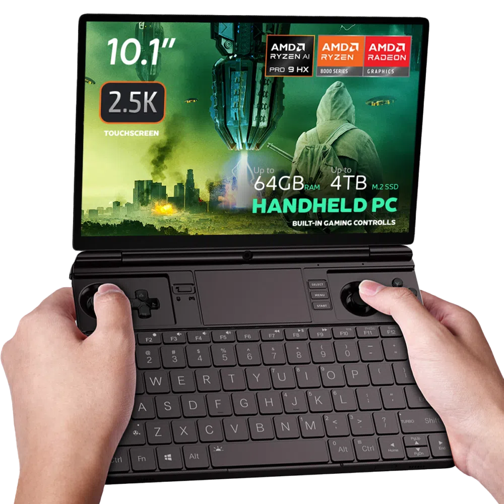 Pilt GPD Win Max 2 2025, 10,1-tollise 2,5K puuteekraaniga pihuarvuti. Sellel on AMD Ryzen AI Pro 9 HX ja Radeon 8000 seeria graafika. Seadmel on kuni 64 GB RAM ja kuni 4 TB M.2 SSD-mälu, sisseehitatud mängukontroll ja täielik QWERTY-klaviatuur. Ekraanil kuvatakse futuristlikku mängustseeni koos elava visuaaliga, mis rõhutab selle täiustatud jõudlusvõimet.