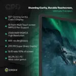 Lähikuva GPD Win Max 2 2025:n 10,1-tuumaisesta näytöstä, jossa on Corning Gorilla Glass 5. Erikoisominaisuuksiin kuuluvat 2560x1600 WQXGA-resoluutio, 400 nitsin kirkkaus, 299 PPI:n terävyys, 10-pisteen monikosketus, MPP2.0-kynätuki ja 80,2 %:n DCI-P3-laajaväriavaruus, joka on ihanteellinen upeaan visuaalisuuteen ja tarkkuuteen.