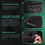 Yksityiskohdat GPD Win Max 2 2025:n analogisista pelisäätimistä, mukaan lukien ergonomiset analogiset tikut, 256 palautetasolla varustetut liipaisimet upeaa pelaamista varten ja kaksi mukautettavaa, yhdistettävissä olevaa takapainiketta, jotka parantavat ohjausta pelaamisen aikana.