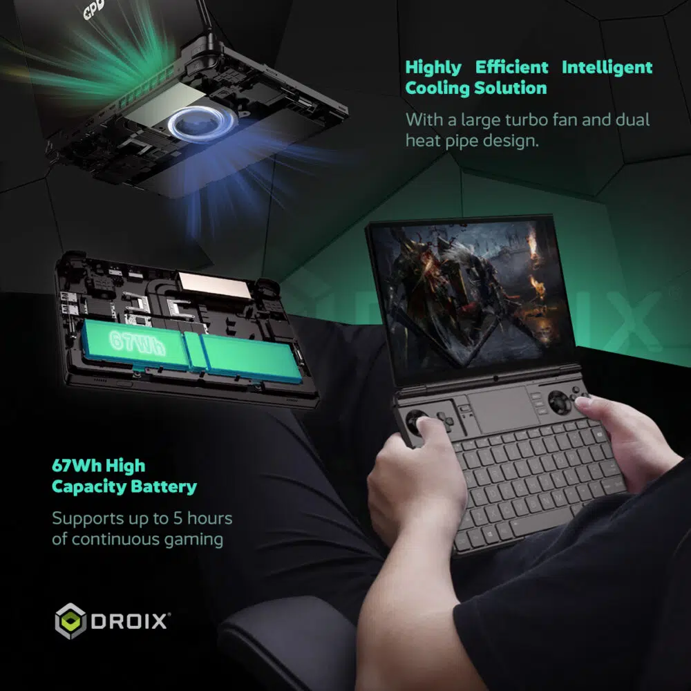 Infografikas, kuriame pristatoma efektyvi GPD WIN Max 2 2025 aušinimo sistema su dideliu turbininiu ventiliatoriumi ir dvigubu šilumos vamzdeliu. Pateikiama išsami informacija apie 67Wh talpos akumuliatorių, kuriuo galima nepertraukiamai žaisti iki 5 valandų.