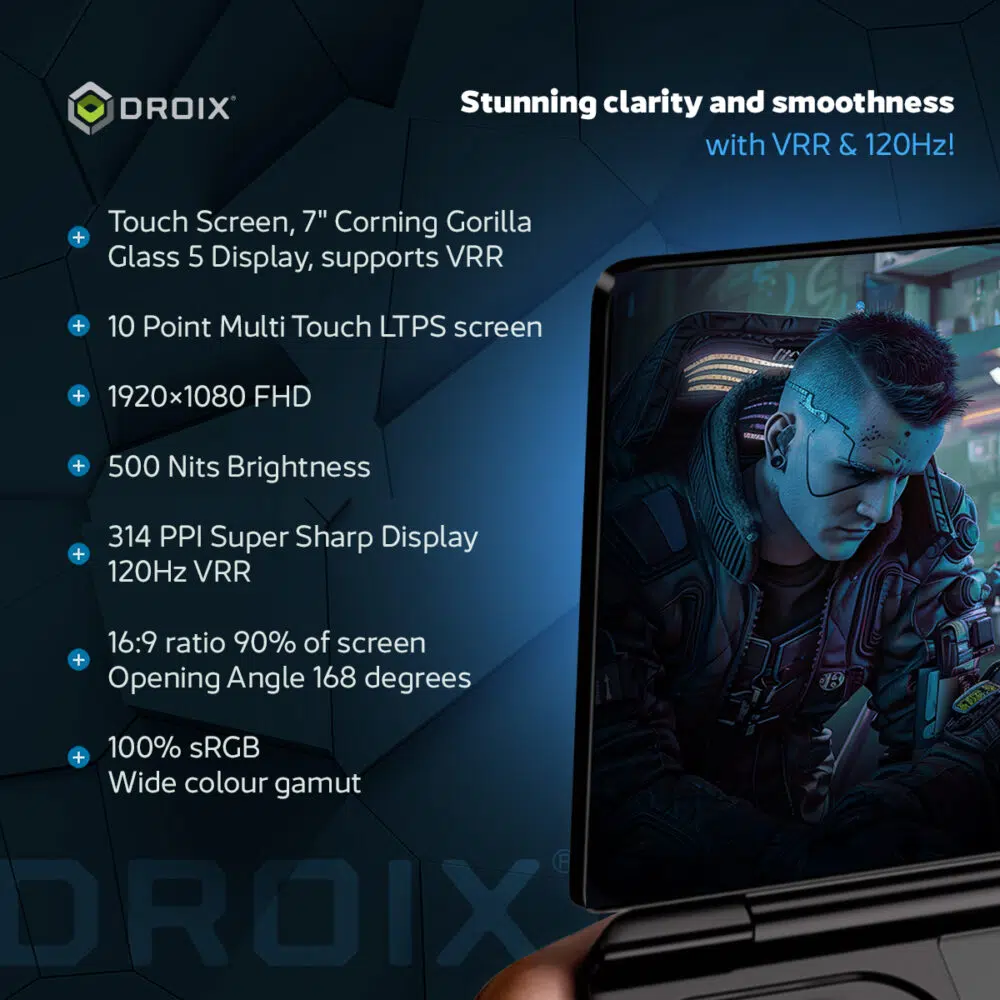 Infografika predstavuje 7-palcový dotykový displej GPD WIN Mini 2025 so sklom Gorilla Glass 5, 120 Hz VRR, rozlíšením 1920 × 1080 FHD, jasom 500 nitov a rozlíšením 314 PPI. Medzi hlavné prednosti patrí podpora 10-bodového multidotykového ovládania, pomer 16:9 s 90 % pomerom obrazovky k telu, 168-stupňový uhol otvorenia a 100 % farebný gamut sRGB pre živý a plynulý obraz."
