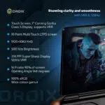 "Infografiikka, jossa esitellään GPD Win Mini 2025 7-tuumainen kosketusnäyttö, jossa on Corning Gorilla Glass 5, 120 Hz VRR, 1920×1080 FHD-resoluutio, 500 nitsin kirkkaus ja 314 PPI. Kohokohtiin kuuluvat 10-pisteen monikosketustuki, 16:9-suhde, jossa näytön ja rungon välinen suhde on 90 %, 168 asteen avautumiskulma ja 100 % sRGB-väriavaruus elävää ja sulavaa visuaalisuutta varten."