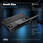 "Infograafi, joka näyttää GPD Win Mini 2025:n, jossa on kattava porttijako, mukaan lukien USB4 Type-C, USB Type-C, USB-A, microSD-korttipaikka, yhdistelmäääniliitäntä ja ohjelmoitavat makronäppäimet. Korostaa mitat 6,77 × 4,29 × 1,06 tuumaa (17,2 × 10,9 × 2,7 cm) ja 555 g:n (1,22 lbs) kevyt rakenne."