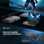 "Infografiikka, jossa GPD Win Mini 2025 on liitetty ulkoiseen näyttöön USB4:n kautta, ja jossa korostetaan eGPU:n tehostettua peli- ja tuottavuussuorituskykyä. GPD G1 -telakka (myydään erikseen) takaa nopean liitettävyyden 40 Gbps:n tiedonsiirrolla."