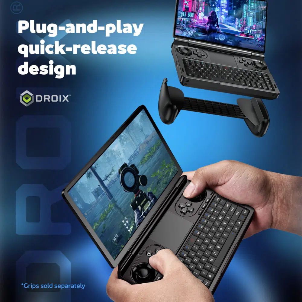 Infografika predstavujúca rýchloupínaciu konštrukciu GPD WIN Mini 2025 typu plug-and-play na jednoduché nasadenie a odpojenie rukoväte. Zdôrazňuje vylepšenú ergonómiu pre pohodlné herné relácie, pričom gripy sa predávajú samostatne."