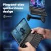 "Infograafik, mis tutvustab GPD Win Mini 2025 pistikupesa kiirlülitusega konstruktsiooni, mis võimaldab hõlpsasti haaret kinnitada ja lahti võtta. Rõhutab täiustatud ergonoomikat mugavate mängusessioonide jaoks, kusjuures käepidemed müüakse eraldi."