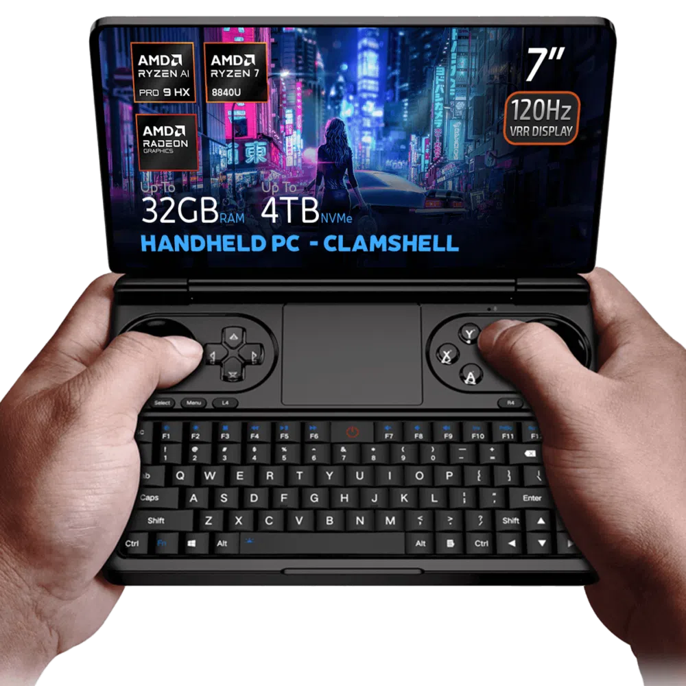 Käes on GPD Win Mini 2025, 7-tollise 120 Hz VRR-ekraaniga klambriga pihuarvuti, mis töötab AMD Ryzen AI 9 HX 365/370 või Ryzen 7 8840U protsessoriga. Kuni 64 GB RAM-i ja 4 TB NVMe-mälu sisaldav seade on optimeeritud mängimiseks ja tootlikkuseks Hall Effecti joysticki, täieliku QWERTY-klaviatuuri ja uimastava küberpunk-teemalise visuaaliga ekraanil.