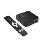 Tyylikäs musta RockTek GX1 -digiboksi, jossa on hehkuva LED-nauha ja moderni Bluetooth-kaukosäädin, jossa on suoratoistopalvelupainikkeet.