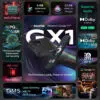 Üksikasjalik infograafika, mis tutvustab RockTek GX1 täiustatud funktsioone, sealhulgas Realtek RTD1325 protsessorit, 4 GB DDR4 RAM-i, 32 GB eMMC-mälu, Dolby Vision, Dolby Atmos ja WiFi 6 võimekust.