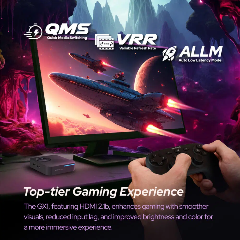 Μια οπτική απεικόνιση με θέμα το gaming που δίνει έμφαση στην υποστήριξη HDMI 2.1b του RockTek GX1, με χαρακτηριστικά όπως Quick Media Switching, Variable Refresh Rate και Auto Low Latency Mode για μια απρόσκοπτη εμπειρία παιχνιδιού.