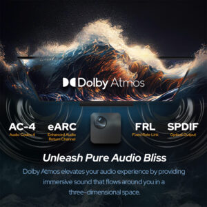 Elokuvamainen kuva esittelee Dolby Atmos -ääniteknologiaa, jonka aaltomainen muotoilu edustaa upottavaa ja moniulotteista äänenlaatua.