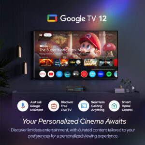 Google TV 12:n käyttäjäystävällinen käyttöliittymänäyttö, jossa korostuvat kuratoidut sisältösuositukset, suorat TV-lähetykset, casting-ominaisuudet ja ääniohjaus Google Assistantilla.