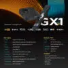 RockTek GX1 spetsifikatsioonide infograafika, milles on üksikasjalikult kirjeldatud selliseid põhifunktsioone nagu 4K resolutsioon, Dolby Vision, HDR tugi, AV1 koodek ja kaasasolevad lisatarvikud.