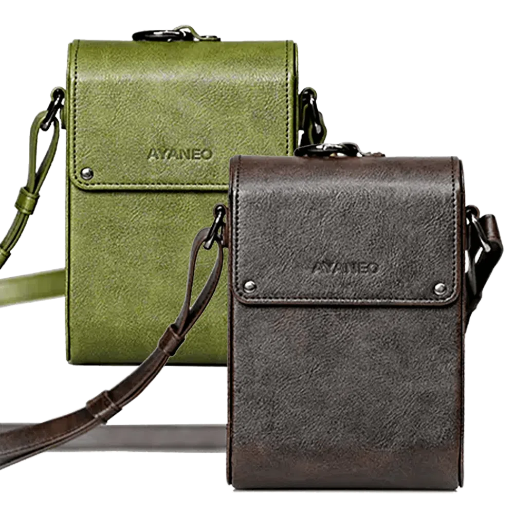 A side-by-side display of two AYANEO leather crossbody bags in green and brown. Both bags are minimalist in design, with embossed branding and adjustable straps.