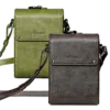 A side-by-side display of two AYANEO leather crossbody bags in green and brown. Both bags are minimalist in design, with embossed branding and adjustable straps.