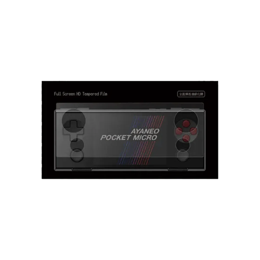 AYANEO Pocket Micro Screen Protector packaging showcasing a full-screen HD tempered film designed for the AYANEO Pocket Micro console, emphasizing precise fit and durability.