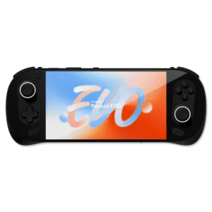 AYANEO Pocket EVO -käsikonsoli, jossa on tyylikäs musta muotoilu ja elinvoimainen 7-tuumainen OLED -näyttö, jossa on AYANEO Pocket EVO -logo dynaamisella punaisella, valkoisella ja sinisellä värisävyllä.