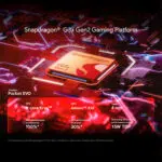 Mainoskuvassa Snapdragon G3x Gen 2 -alusta, jota käytetään AYANEO Pocket EVO -puhelimessa ja jossa esitellään sen 8-ytiminen Kryo-suoritin, Adreno A32 -näytönohjain ja 4 nm:n prosessointi huipputehokkaita pelejä varten.
