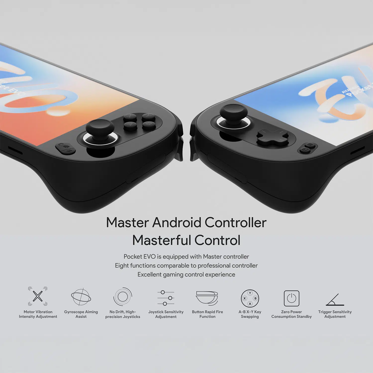 Close-up of the AYANEO Pocket EVO Master Controller in black, featuring high-precision joysticks, trigger buttons, and eight customizable functions for a professional gaming experience.