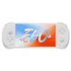 AYANEO Pocket EVO handheld gaming console with a sleek white design and a vibrant 7-inch OLED display showcasing the AYANEO Pocket EVO logo in a dynamic red, white, and blue gradient.