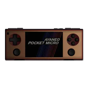 Etukuva AYANEO Pocket Micro Gold-versiosta (kuvattu nimellä "Retro Gold"), jossa näkyy sama peli kuin mustassa versiossa. Tässä kuvassa korostuu laitteen värivalikoima, mutta painikkeiden sijoittelu ja näytön näyttö ovat identtiset. 
