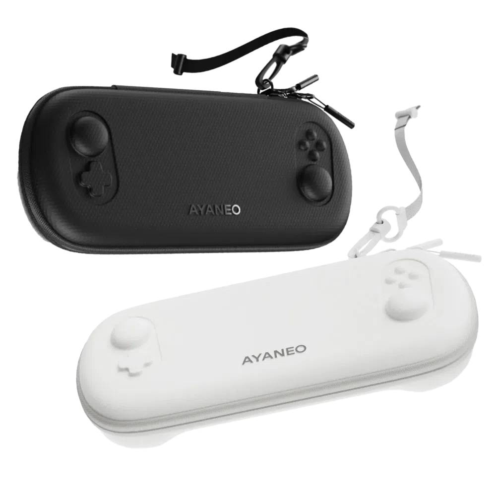 AYANEO Pocket EVO Cases in black and white variants, featuring a sleek and ergonomic design with a detachable strap for easy carrying. The cases are shaped to protect the device, with a texture that ensures durability and style