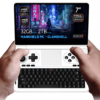 Hands holding the white variant of the GPD Win Mini 2025, a sleek clamshell handheld PC with a 7-inch 120Hz VRR display, AMD Ryzen AI Pro 9 HX processor, AMD Radeon Graphics, 32GB RAM, and 2TB NVMe storage, set against a futuristic cyberpunk-themed background.