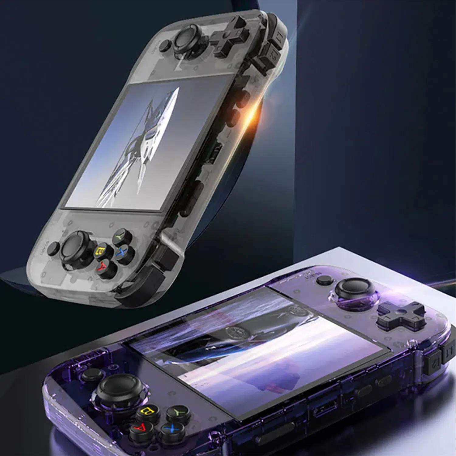 Two gaming handheld devices, one in a transparent black design shown in a vertical position, and the other in a transparent purple design placed horizontally, showcasing the screens and controls.