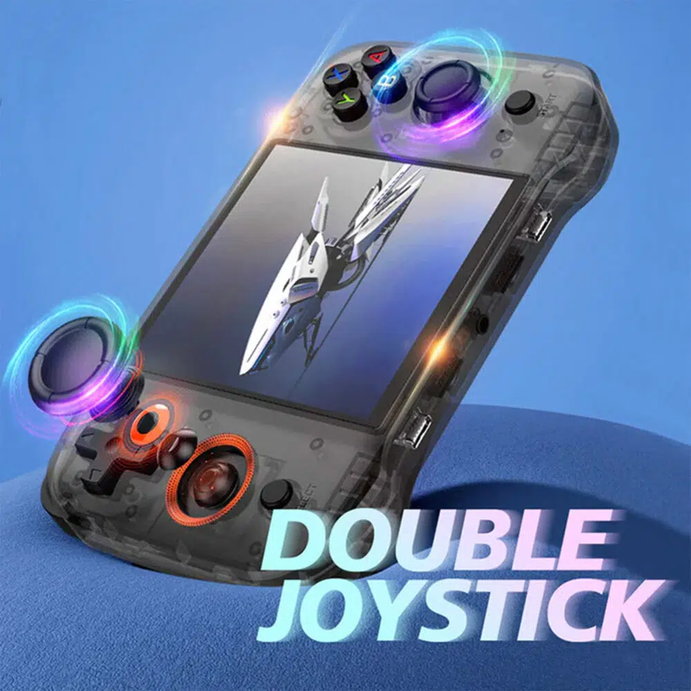 Dispozitivul portabil poziționat vertical, subliniind configurația sa cu joystick dublu cu efecte luminoase colorate în jurul joystick-urilor.