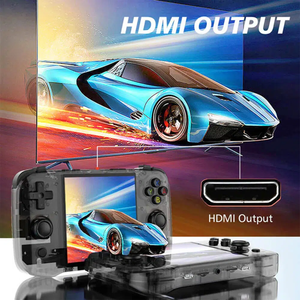 Dispozitivul portabil de jocuri s-a conectat la un ecran mare prin intermediul unei ieșiri HDMI, prezentând o mașină rapidă pe ecran.