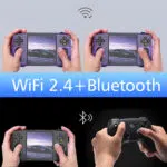 WiFi 2.4- ja Bluetooth-ominaisuuksien esittely, jossa kaksi kannettavaa laitetta on yhdistetty langattomasti toisiinsa ja käytetään Bluetooth-yhteensopivaa ohjainta.