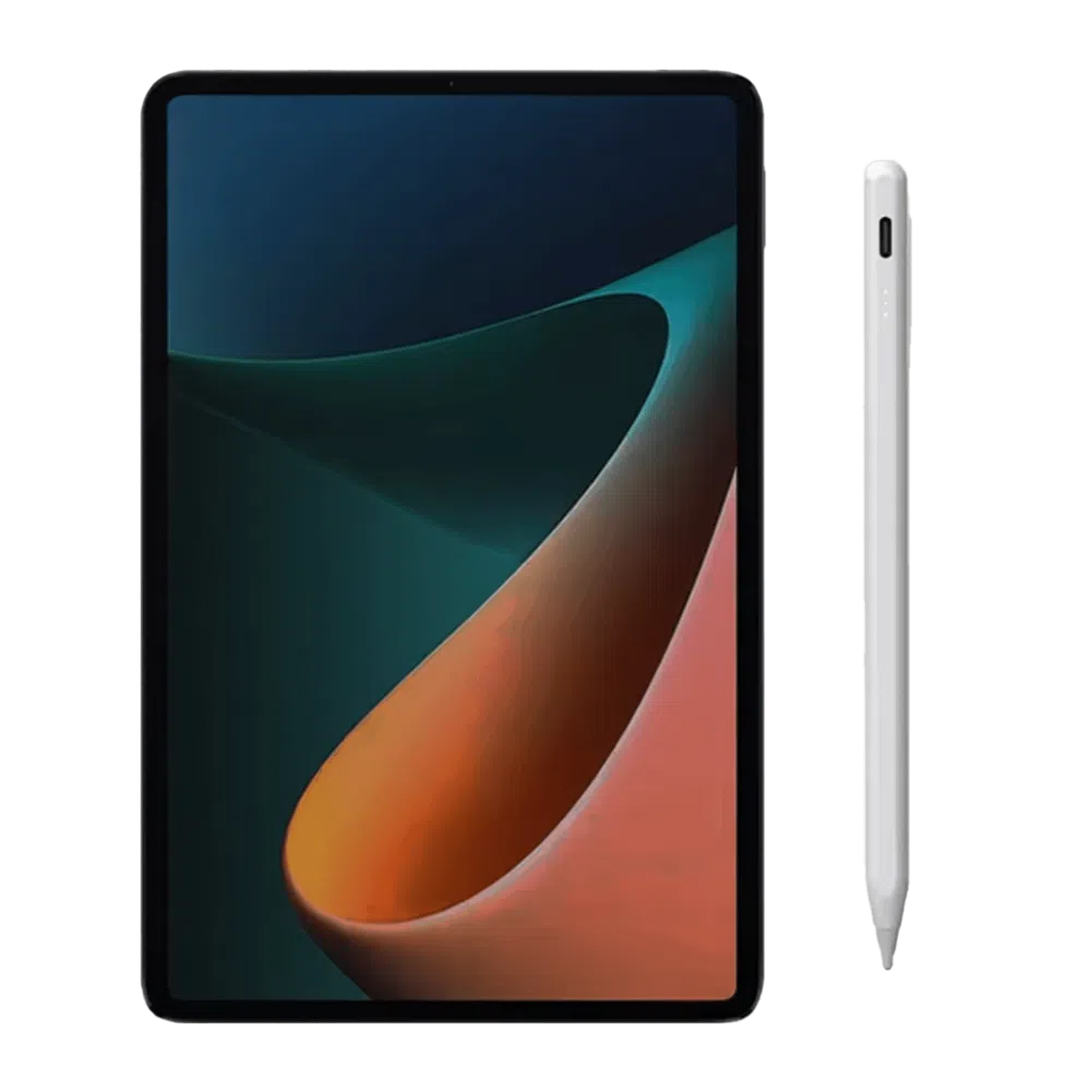 Tablet, jossa on musta kehys ja elinvoimainen näyttö, jossa on abstrakti gradienttikuvio vihreän, sinisen ja oranssin sävyillä, sekä valkoinen kapasitiivinen kynänappi, jossa on sileä, minimalistinen muotoilu.