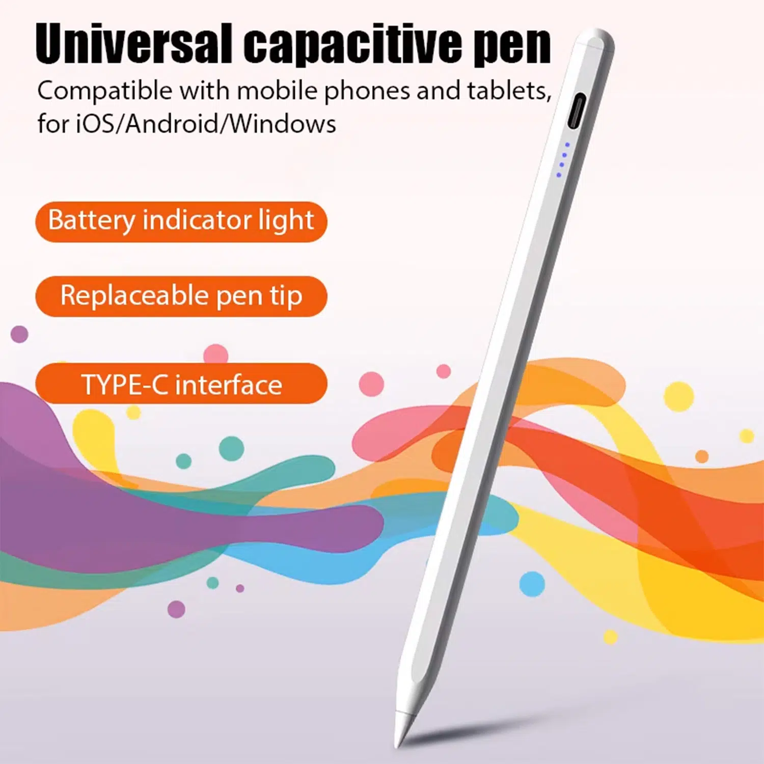 Stilou capacitiv universal pentru GPD 1 A simple, isolated product shot of the long, white stylus pen with blue LED indicator lights visible near the top, set against a solid dark green background.