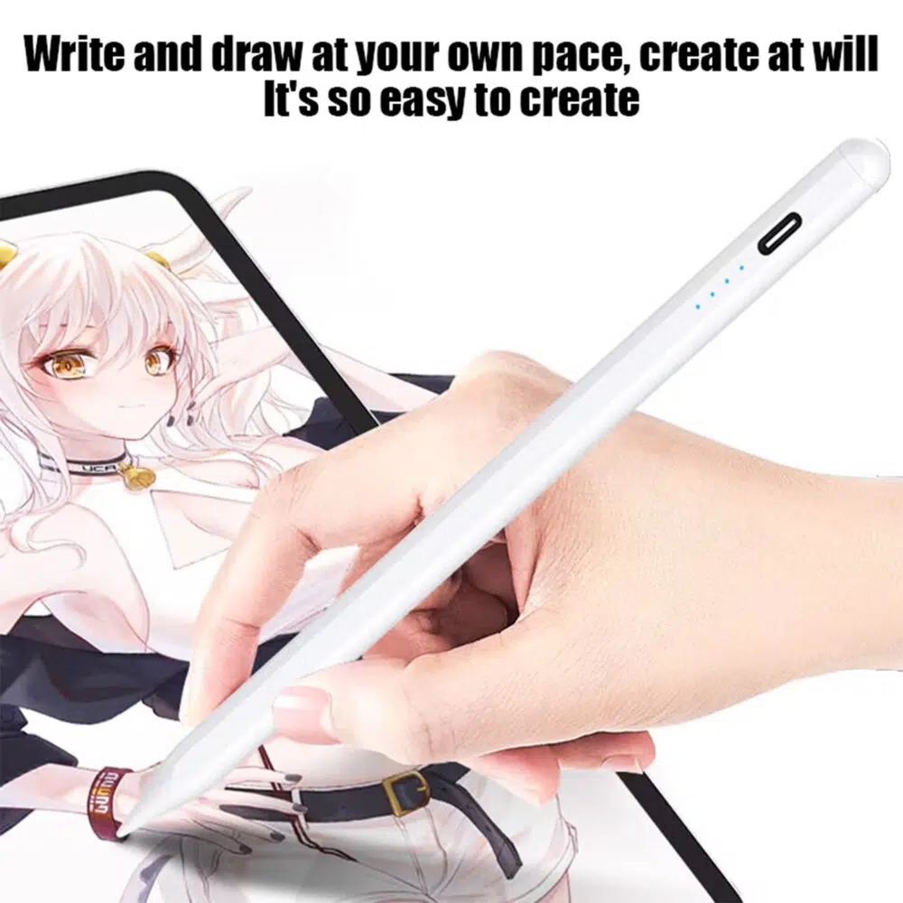 Ruka držící bílý kapacitní stylus, která na obrazovce tabletu kreslí postavičku ve stylu anime, doprovázená textem: "Pište a kreslete svým vlastním tempem, tvořte podle libosti. Tvořit je tak snadné.