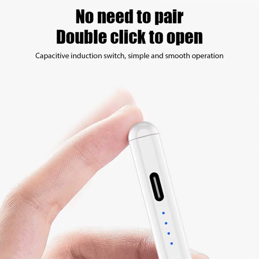 Pohled zblízka na bílý kapacitní stylus, na kterém je špičkou prstu dvakrát poklepáno na kapacitní indukční spínač a je na něm vidět text: "Není třeba párovat. Otevřete dvojitým kliknutím. Jednoduché a plynulé ovládání.