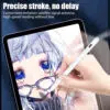 Valkoinen kapasitiivinen kirjoituskynä käytössä tabletin näytöllä piirtämässä yksityiskohtaista anime-hahmoa, jolla on kirkkaat siniset silmät. Tekstissä korostetaan "Precise stroke, no delay" (Tarkka viiva, ei viivettä) viitaten kynän nopeaan signaaliantenniin.