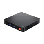 Pienikokoinen Beelink T5 Mini PC, jossa on musta viimeistely, Intelin tuotemerkki, USB 3.0 -portit, kuulokeliitäntä, virtapainike ja tuuletus sivuilla.