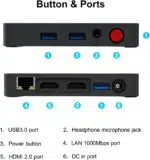 A close-up of the Beelink T5's ports, including USB 3.0, a headphone/microphone jack, a power button, HDMI 2.0, a Gigabit Ethernet port, and a DC input for power.
